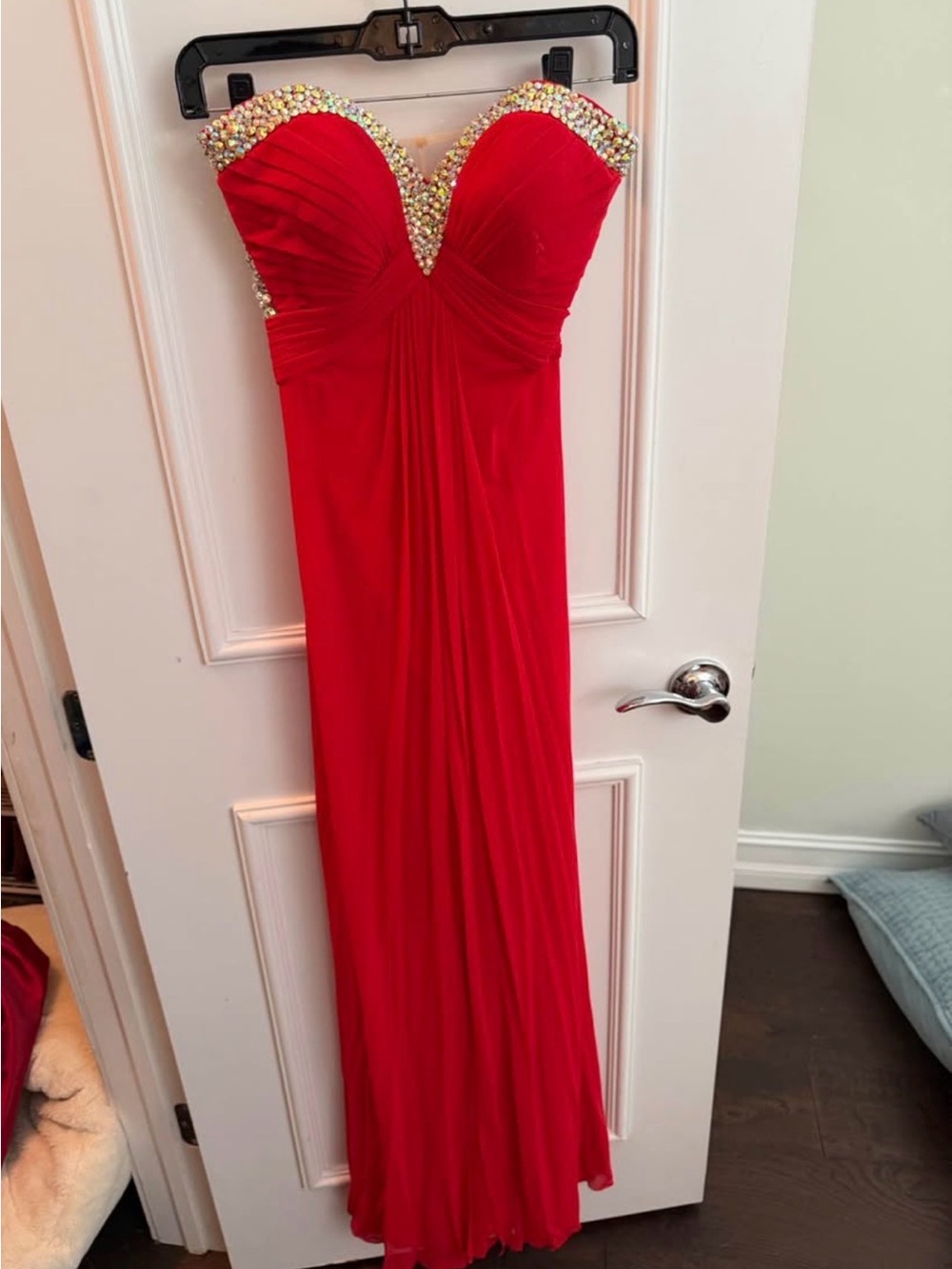 La Femme Strapless Red Beaded Evening Gown